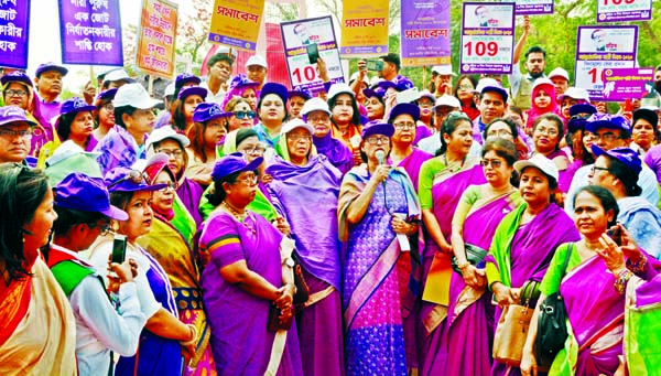 State Minister for Women and Children Affairs Fazilatunnesa Indira speaking at a rally organised on the occasion of International Women Day by different women organisations at the Central Shaheed Minar in the city on Thursday.