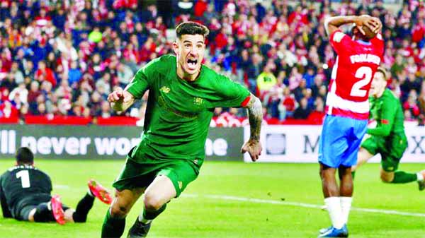 Athletic Bilbao's Yuri Berchiche celebrates scoring their first goal against Granada in the second leg, semi-final, Copa Del Rey soccer at Granada in Spain on Thursday.