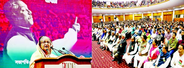 Prime Minister Sheikh Hasina addressing a discussion marking Historic March 7 organised by Awami League at Bangabandhu International Conference Center in the city on Saturday. BSS photo