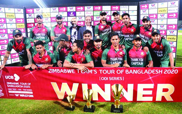 Bangladesh Cricket team with President of Bangladesh Cricket Board Nazmul Hassan Papon pose for photograph after the Tigers winning the three-match ODI series against Zimbabwe at Sylhet International Cricket Stadium on Friday.