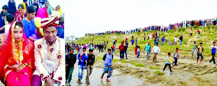 People crowded on the bank of the Padma River in Rajshahi's Sreerampur area on Saturday as two engine boats carrying a bridal party sank there on Friday. The bride and the groom --Sweety Akhter Purnima (18) and Asaduzzaman Rumon (22) - (inset) were on on
