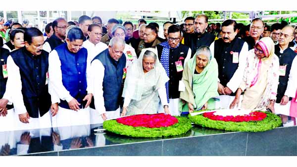 Prime Minister Sheikh Hasina places wreaths on Saturday at the portrait of Bangabandhu Sheikh Mujibur Rahman marking his historic March 7 speech.