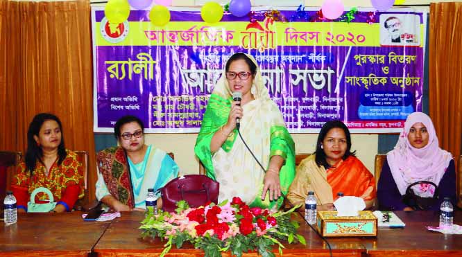 FULBARI(Dinajpur):Niru Samsunnahar, Vice -Chairman, Upazila Parishad speaking at a discussion meeting at Fulbari Upazila marking the International Women's Day yesterday.