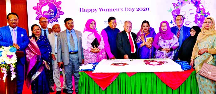 Morshed Alam M.P, Chairman of Mercantile Bank Limited, inaugurating the International Women's Day-2020 programme through cutting cake at city's Fars Hotel & Resorts on Sunday evening. Female executives and officers of the bank participated in the event.