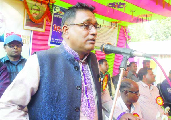 SAGHTAA(Gaibandha): Jahangir Kabir, Chairman, Upazila Parishad speaking at a reception of meritorious students of PSE at Anantopur Government School as Chief Guest on Monday.