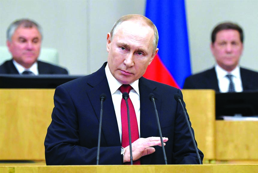 Russian President Vladimir Putin speaks during a session prior to voting for constitutional amendments at the State Duma, the Lower House of the Russian Parliament in Moscow on Tuesday.
