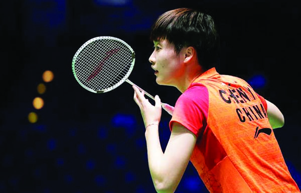China's Chen Yufei competes during the women's singles quarterfinal match with Thailand's Ratchanok Intanon at the All England Open Badminton Championships in Birmingham, Britain on Friday.