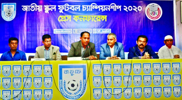 Member of Bangladesh Football Federation (BFF) and Chairman of the School Football Committee Bijon Barua speaking at a press conference at the conference room in the BFF House on Sunday.