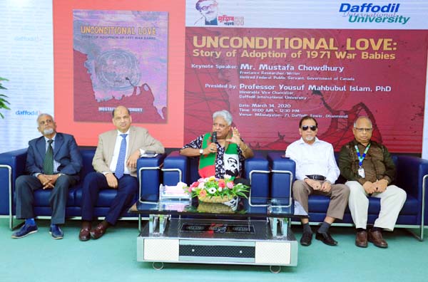 Mustafa Chowdhury, Freelance Researcher and writer speaking at the seminar on 'Unconditional Love: Story of Adoption of 1971 War Babies' held at Daffodil International University to mark the Mujib Birth Centenary celebration on Saturday.