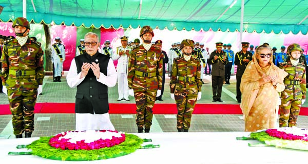 President M Abdul Hamid and Prime Minister Sheikh Hasina stand in solemn silence at the mazar (mausoleum) of Bangabandhu Sheikh Mujibur Rahman in Tungipara as a mark of profound respect to the memory of the Father of the Nation marking his birth centenary