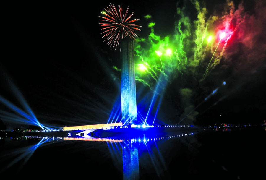 Fireworks displayed at the opening ceremony of Bangabandhu's Birth Centenary programme at Suhrawardy Udyan in Dhaka on Tuesday.