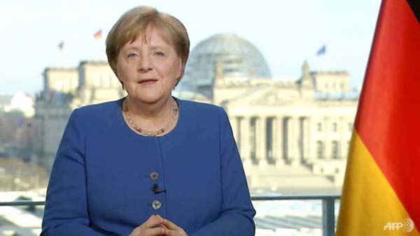 This videograb taken from German TV channel ARD on Wednesday shows German Chancellor Angela Merkel addressing the nation on the spread of the coronavirus.