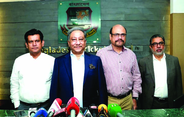 President of Bangladesh Cricket Board (BCB) Nazmul Hassan Papon (second from left) attends at a press conference at the Sher-e-Bangla National Cricket Stadium in the city's Mirpur on Thursday.