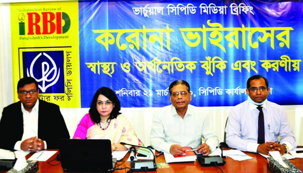 CPD Fellow Prof Dr. Mostafizur Rahman, among others, at a media briefing on ' Health & Economic Risk of Coronavirus and Role' at the CPD office in the city on Saturday.
