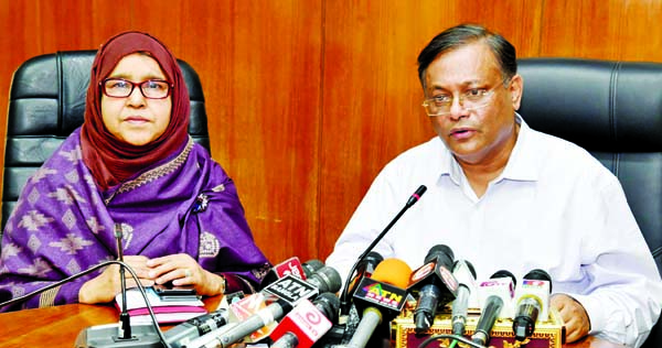Information Minister Dr Hasan Mahmud addressing a view-exchange meeting with journalists on the contemporary affairs held at the Secretariat yesterday. Information Secretary Kamrun Nahar was present on the occassion. BSS photo