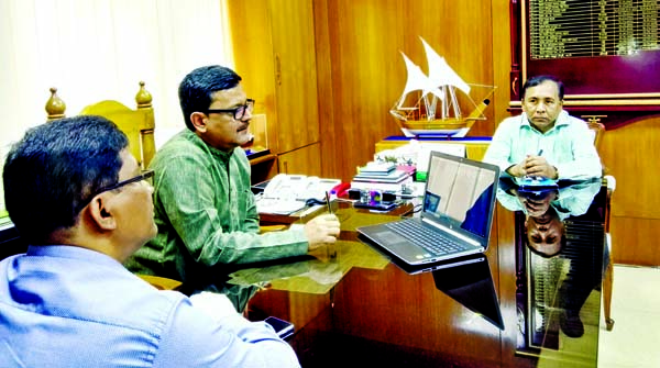 State Minister for Shipping Khalid Mahmud Chowdhury giving directives to the chiefs of the concerned bodies through video conferencing at his ministry on Monday with a view to preventing coronavirus.