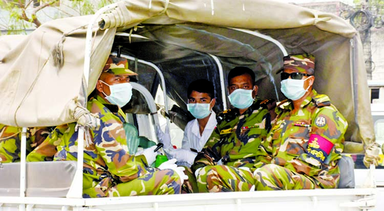Army patrolling in Narayanganj on Tuesday after the government deploys troops across the country to assist civil administration in bolstering the coronavirus preventive measures.