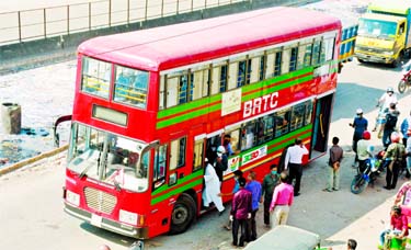 Bangladesh Road Transport Corporation (BRTC) launches bus service for government employees and health professionals amid halt in public transport service in the city. This snap was taken from Jatrabari area on Sunday.