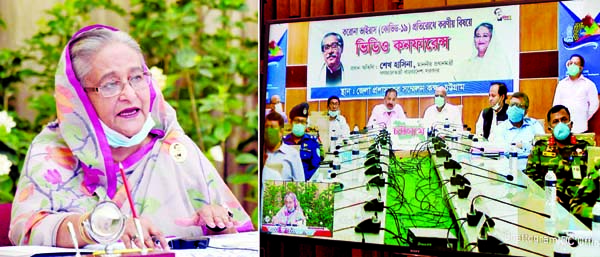 Prime Minister Sheikh Hasina speaking at an opinion sharing meeting with the representatives of 15 districts of Sylhet and Chattogram division on the present situation of coronavirus through video conferencing from Ganobhaban in the city on Tuesday. BSS