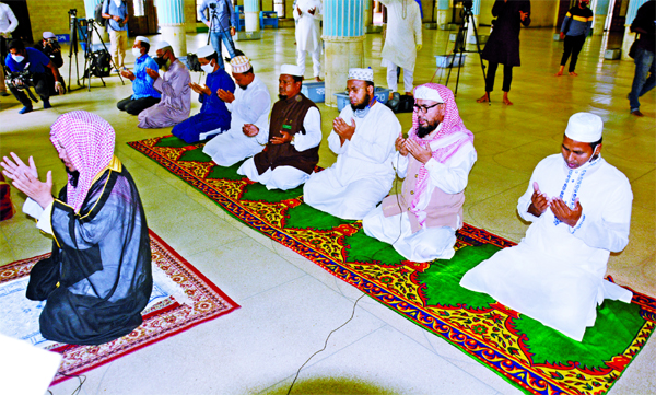 As per directives of Ministry of Religious Affairs ten musallies are seen offering Juma prayers at the Baitul Mukarram National Mosque.