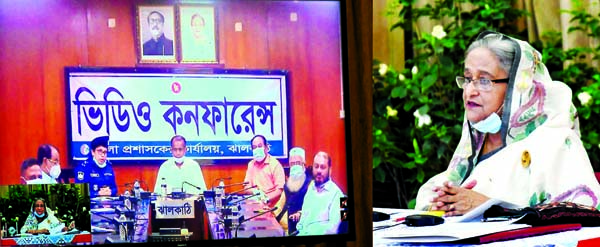 Prime Minister Sheikh Hasina exchanging views on coronavirus situation with the Government officials of districts of Khulna and Barishal divisions from Gonobhaban through video conference on Sunday. PID photo