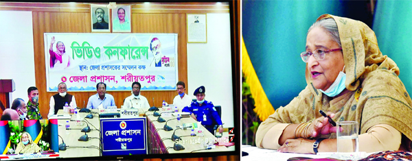 Prime Minister Sheikh Hasina exchanging views with public representatives and officials of nine districts of Dhaka division including Dhaka, Shariatpur, Gopalganj and Faridpur through videoconference from Ganabhaban in the city on Thursday.