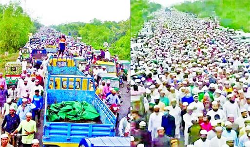 Thousands of people attend the Namaz-e-janaza of Maulana Zubayer Ahmad Ansari at Sarail in Brahmanbaria on Saturday, defying the government's restrictions on large gathering to contain the spread of the coronavirus.
