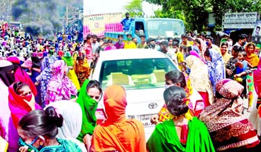 Garment workers block a road at Rupganj in Narayanganj on Monday, demanding payment of their outstanding wages. (Inset) orkers go berserk during their protest in Gazipur.