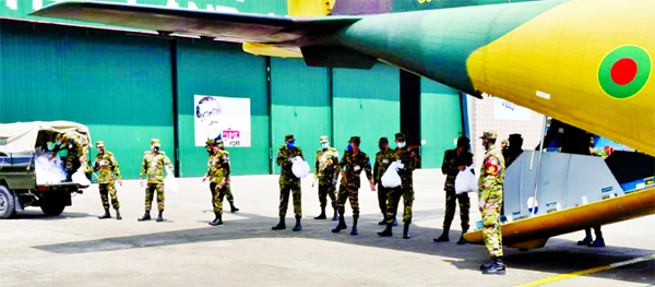 Army Aviation Group of Bangladesh Army reaching relief materials and medical equipment for the destitute due to coronavirus. The snap was taken from the Old Airport in the city's Tejgaon on Wednesday.