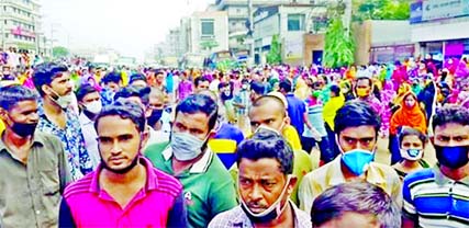 About three thousand RMG workers blocked the Dhaka-Mymensingh Highway over the rumour of their retrenchment by the Ananta Casual Wear Limited on Saturday.