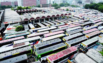 Vehicles lying idle at the Mohakhali Bus Terminal in Dhaka due to coronavirus lockdown across the country. This snap was taken on Thursday.