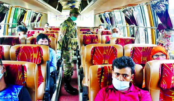 Bangladesh Army conducts mass awareness campaign among the bus passengers in Cox's Bazar on Wednesday with a view to tackling coronavirus crisis.