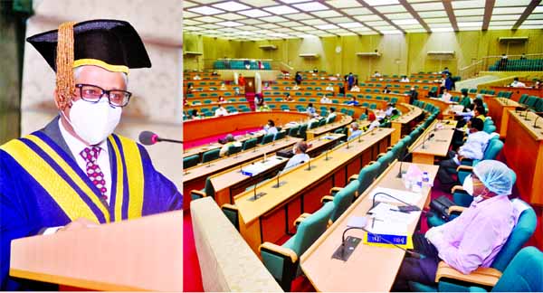 Chairman of Dhaka University Senate and Vice-Chancellor of the university Prof. Dr. Md. Akhtaruzzaman delivering his speech at the Annual Senate sesssion on Sunday.