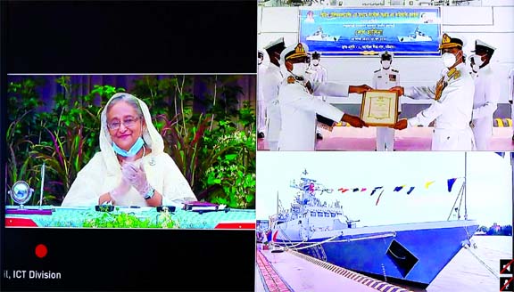 Prime Minister Sheikh Hasina addressing at a ceremony while commissioning a ship of Bangladesh Navy â€˜BNS Sangramâ€™ from her official residence Ganabhaban through video conference on Thursday.