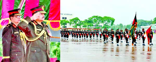 Chief of Army Staff General Aziz Ahmed takes salute marking the parade of 78th BMA long course at Bangladesh Military Academy, Bhatiary, in Chattogram on Thursday.