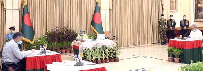 Prime Minister Sheikh Hasina presiding over ECNEC meeting at the National Economic Council at the Sher-E-Bangla Nagar area in the capital through videoconferencing from her official residence Ganobhaban on Sunday.