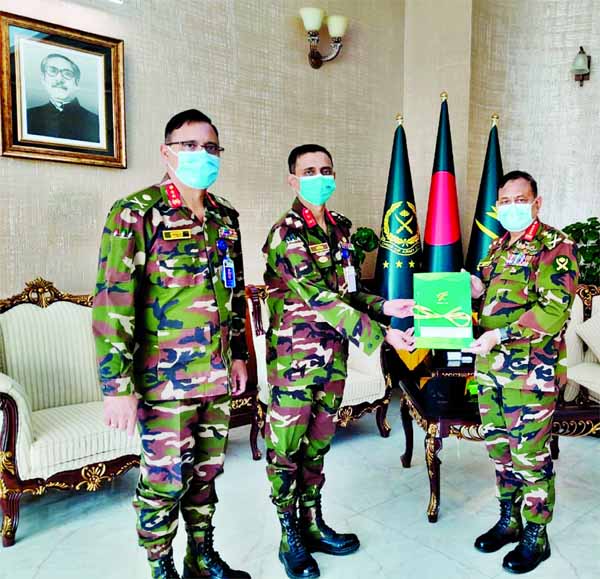 Chief of Army Staff of the Bangladesh Army, General Aziz Ahmed is receiving first insurance policy from the Astha Life Insurance Company at the Army HQs on Tuesday.