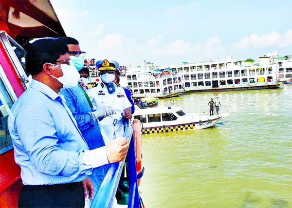 State Minister for Shipping Khalid Mahmud Chowdhuty visits the place of launch accident and rescue operation. The snap was taken from the city's Sadarghat on Monday.