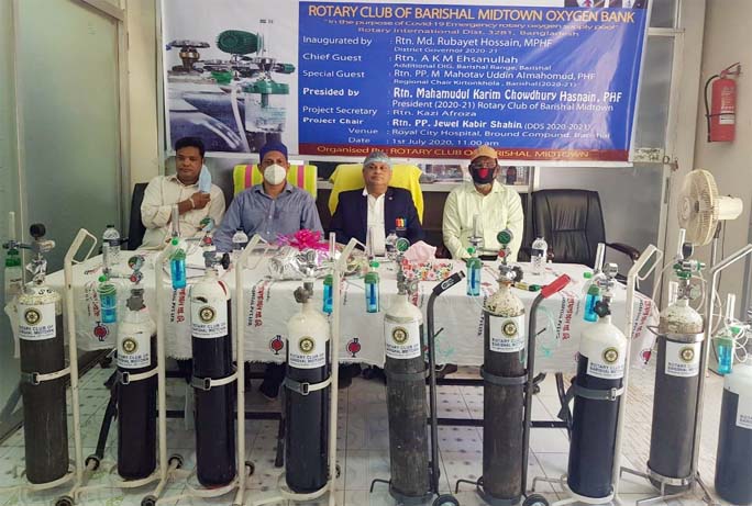 Rotarian Rubayet Hossain, MPHF, District Governor 2020-'21, among others, at the inaugural ceremony of 'Rotary Club of Barishal Midtown Oxygen Bank' in Barishal on Wednesday to tackle Covid-19 pandemic.