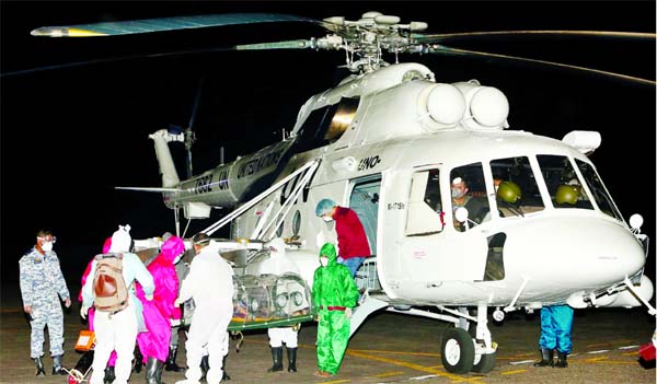 Corona-affected Principal of Mymensingh Medical College Prof Dr. Chittaranjan Devnath being shifted to Dhaka by MI-171 SH Helicopter of Bangladesh Air Force on Thursday for better treatment.