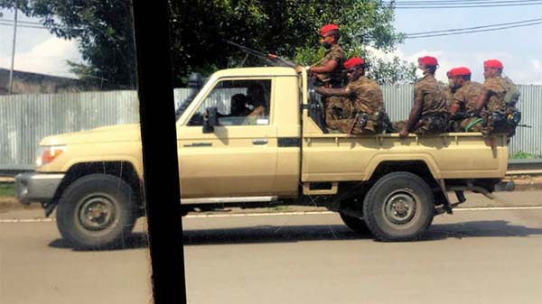 Members of the Ethiopian military patrol the streets following protests in Addis Ababa on Saturday. Internet