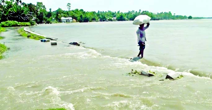 A vast area of Nagarpur upazila of Tangail goes under water after Ghonapara Dam damaged by strong current of Dhaleswari River.