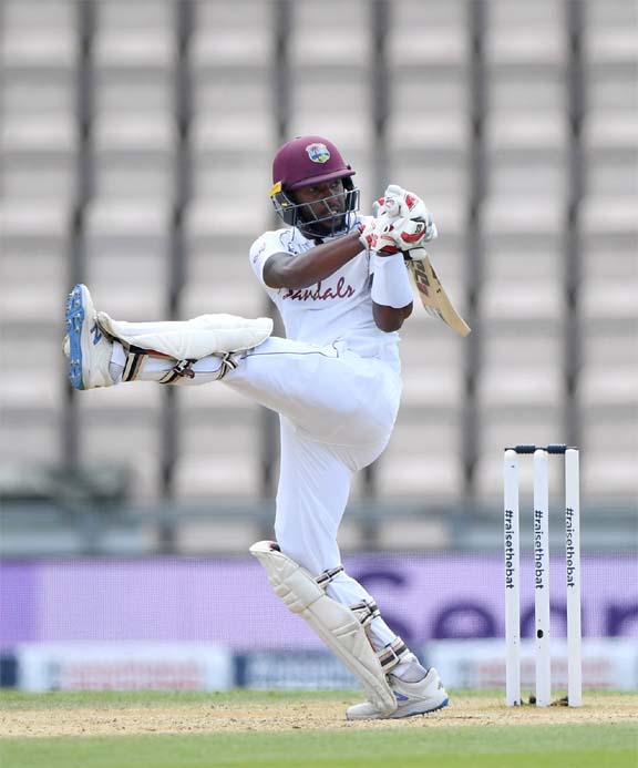 West Indies' Jermaine Blackwood plays a shot during the fifth day of the first Test against England, at the Ageas Bowl in Southampton on Sunday.