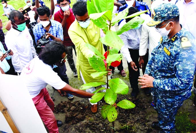 State Minister for Shipping Khalid Mahmud Chowdhury inaugurates tree plantation programme at Birulia on Monday while he visits Embankment Protection Project at Buriganga and Turag Rivers