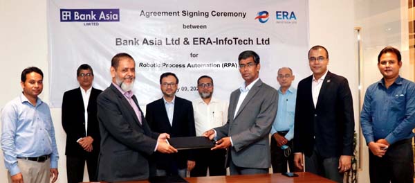 Md. Arfan Ali, Managing Director of Bank Asia Limited and Md. Serajul Islam, CEO of ERA-InfoTech Limited, exchanging an agreement signing document for Robotic Process Automation (RPA) solutions to promote financial inclusion throughout the country at the