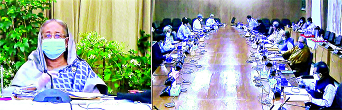 Prime Minister Sheikh Hasina participates in the Cabinet Meeting through video conference from Ganobhaban on Monday.
