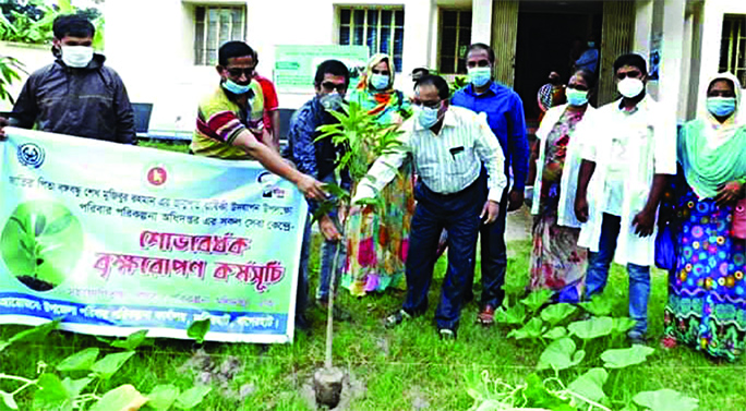 Chairman of Fakirhat Upazila Parishad Swapan Das, among others, at the tree plantation programme organised by Fakirhat Upazila Family Planning Office on Wednesday marking the Mujib Year.