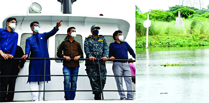 State Minister for Shipping Khalid Mahmud Chowdhury inspects navigability of rivers, boundary and pillar setting around the city. The snap was taken from the bank of Turag river on Thursday.