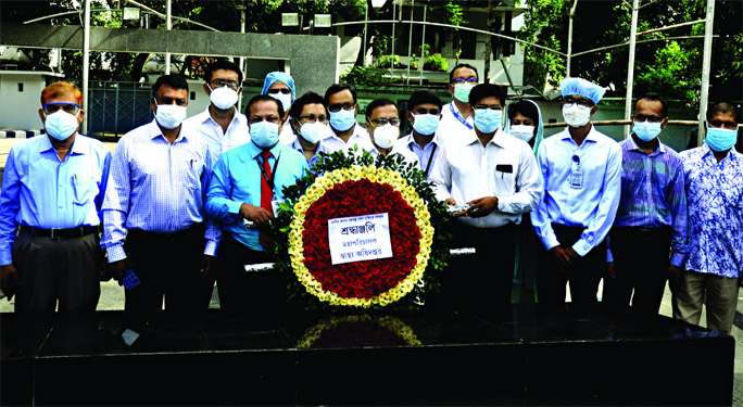 Newly appointed Director General of DGHS Prof Dr Abul Bashar Mohammad Khurshid Alam pays tributes to Father of the Nation Bangabandhu Sheikh Mujibur Rahman placing floral wreaths at the portrait of Bangabandhu at Dhanmondi, 32 in the city on Saturday.