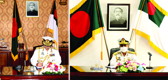 Newly appointed Chief of Naval Staff Vice-Admiral M Shahin Iqbal takes over charge from his outgoing counterpart Admiral Aurangzeb Chowdhury at a ceremony through video conference on Saturday